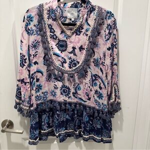 Area Stars Boho Flowy Navy Purple Blouse Six XS NWOT